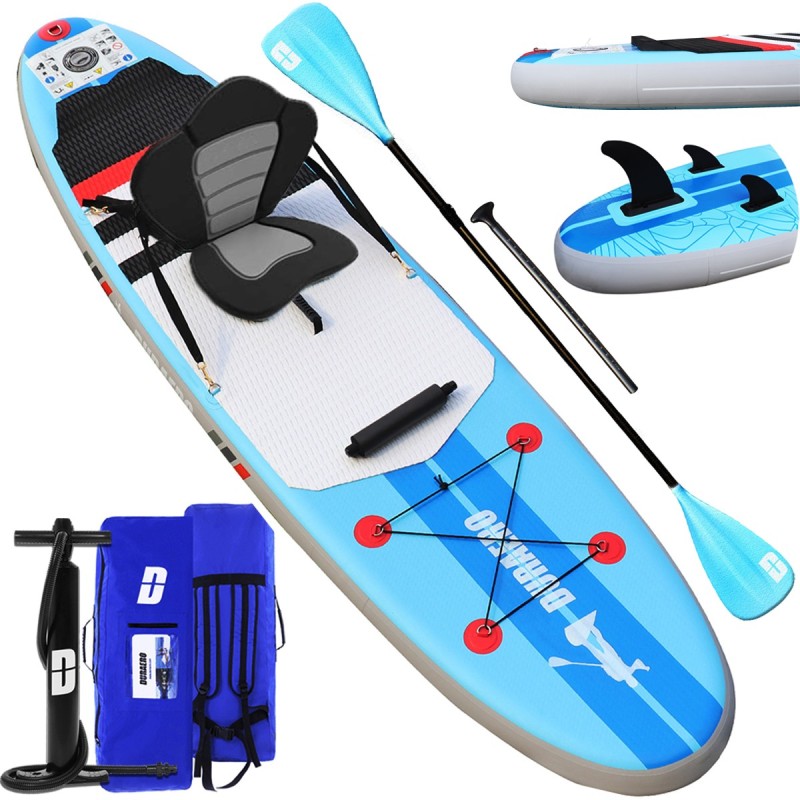 SUP Aufblasbares Stand Up Paddle Board Set 3 Finnen, bis 110kg 305x76x15cm, Blau